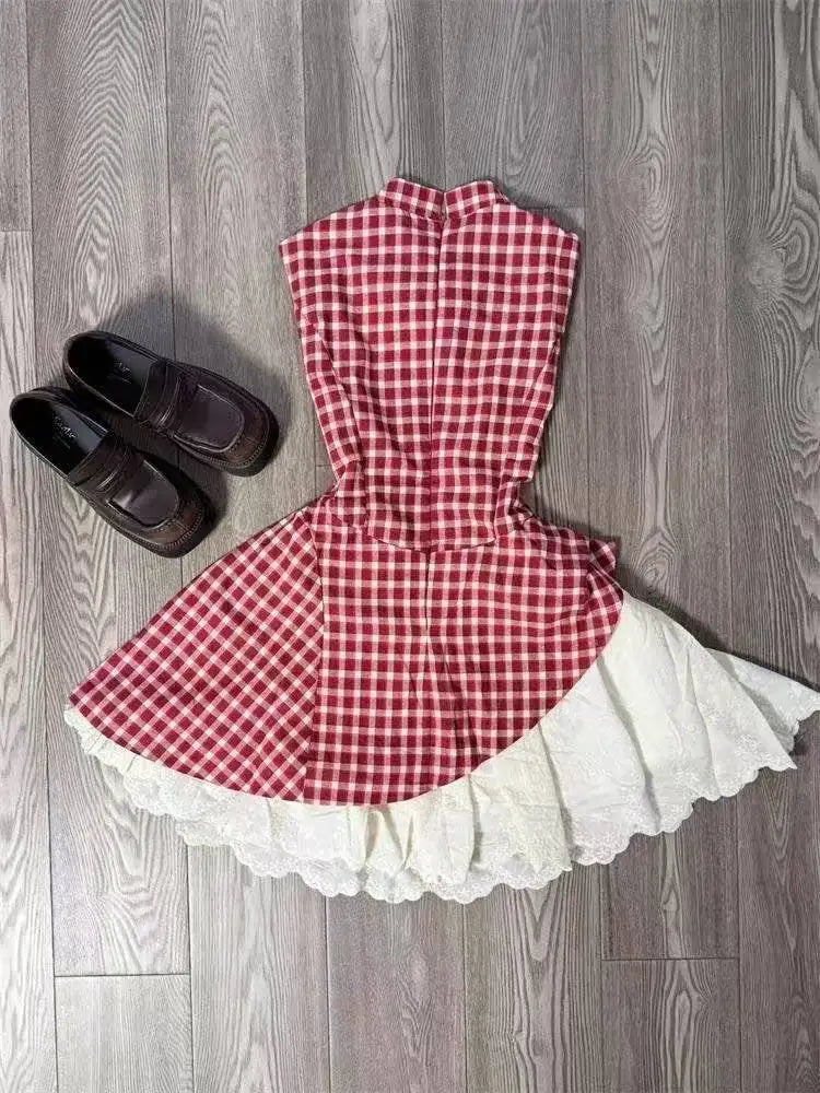 Woman Sweet Sleeveless Y2k Mini Dress Patchwork Japanese Style Red Plaid Dress Party Korean Slim Dress Summer
