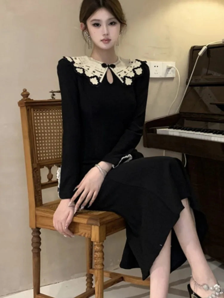 Black Mermaid Dresses French Lace Patchwork Bodycon Evening Party Midi Dress New Vestidos Female Clothes