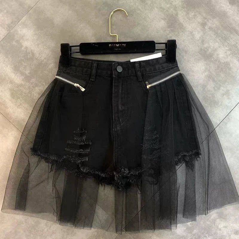 Ripped Denim Shorts Y2k Mesh Patchwork Wide Leg Shorts Jeans Korean High Waist Design Short Hot Pants