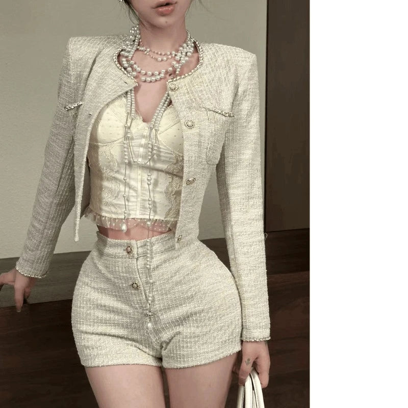 Sweet Hot Girl Tweed Suit Autumn Oneck Longsleeved Jacket High Waisted Shorts Twopiece Set Female Clothes