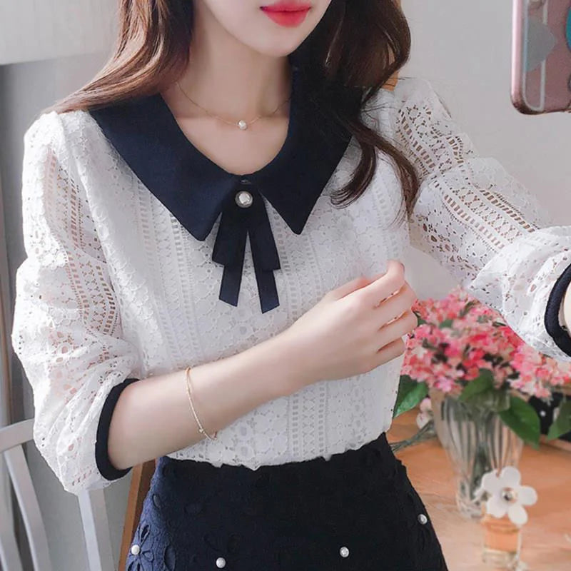 ’s Spring Autumn Style Lace Blouses Shirt Peter Pan Collar Color Half Sleeve Lace Tops Sp8676