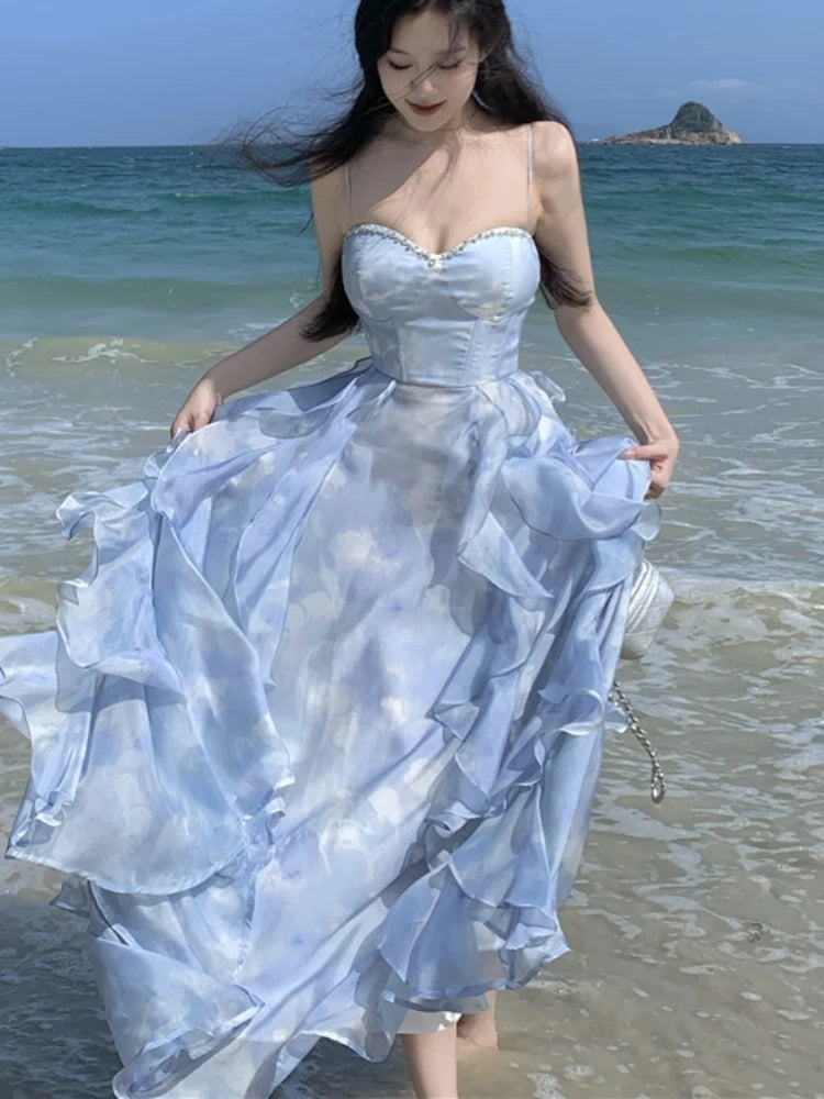 New Summer Long Dresses for Spaghetti Strap Korean Aline Ruffles Beach Style Party Dress One Piece Vestido Mujer
