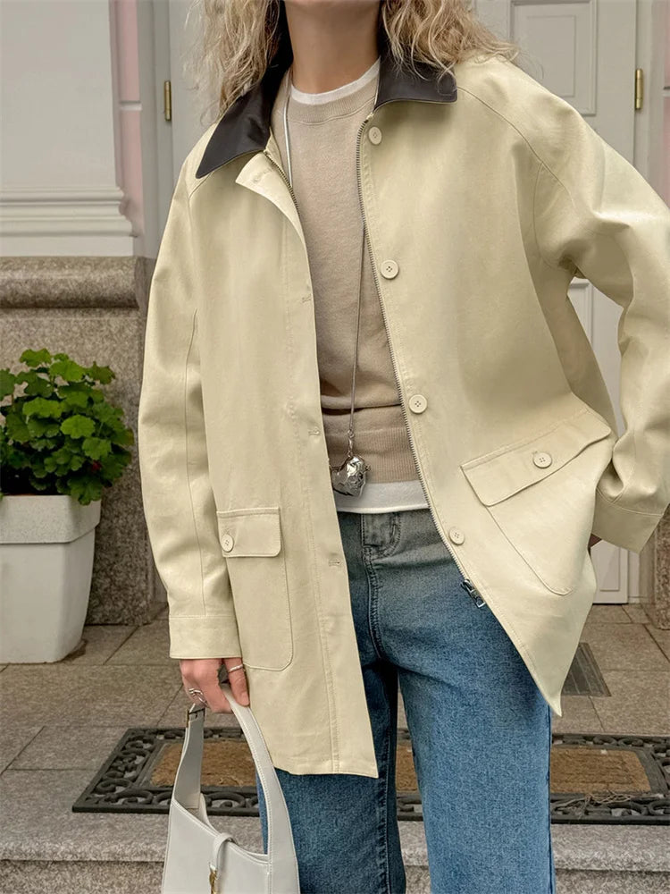 Pocket Trench Outwear for Patchwork Autumn Cardigan Lapel Loose High Waist Coat ’s Overcoat New