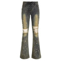 American Y2k Low Rise Jeans Laceup Design Splashed Ink Distressed Thin Versatile Popular Ripped Flared Pants