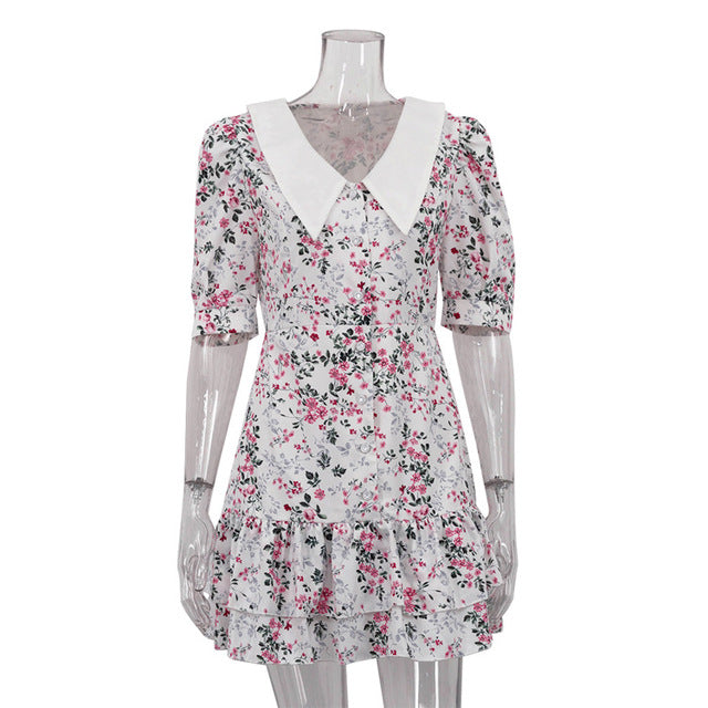 Short Sleeve Mini Dress for Robe Turn-down Collar French Dress High Waist Dresses