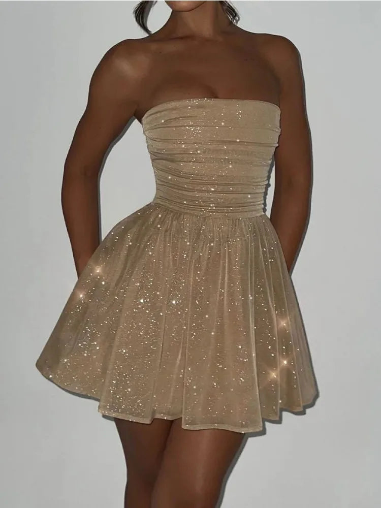 Shiny Sequins Evening Dress Off Shoulder Slim Ruffle Mini Dresses Lady Party Bow Bandage Backless Dress Woman