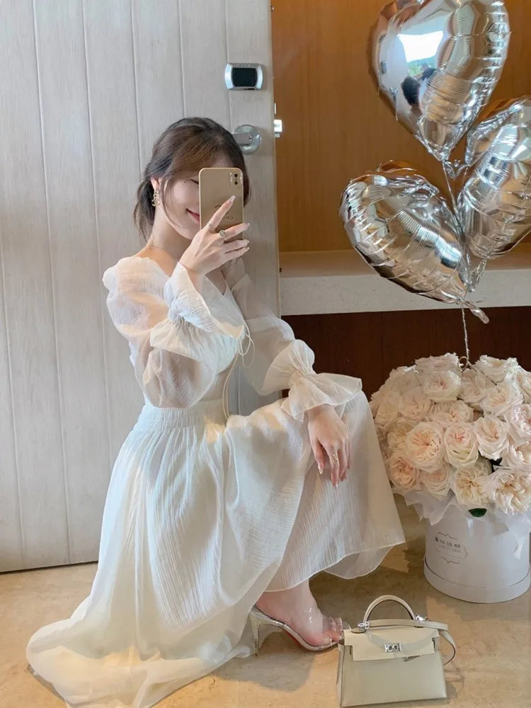White Bandage Oneck Lantern Sleeve Maxi Midi Dresses for Party Holiday Backless Prom Bodycon Dress Summer