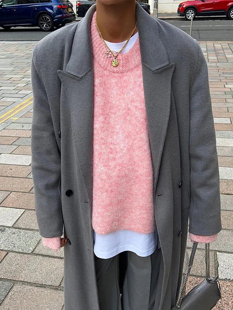 Oversize Pink Cashmere Base Sweater Long Sleeve Round Collar Pullover New Lady High