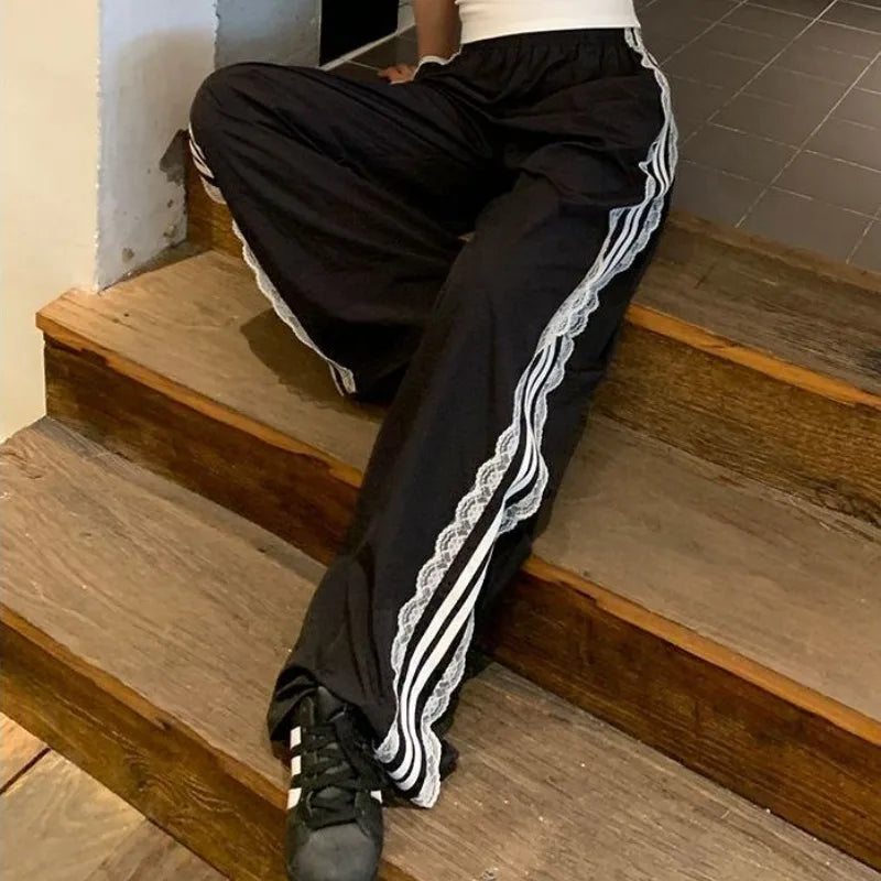 Striped Black Sports Pants Baggy Patchwork Lace Wide Leg Jogging Trousers Summer Korean Sweatpants