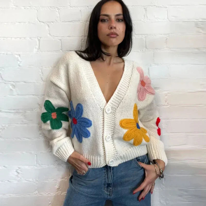 Autumn Knitted Sweater Sweet Flower Loose Long Sleeve O-neck Female Pullovers New Loose Tops