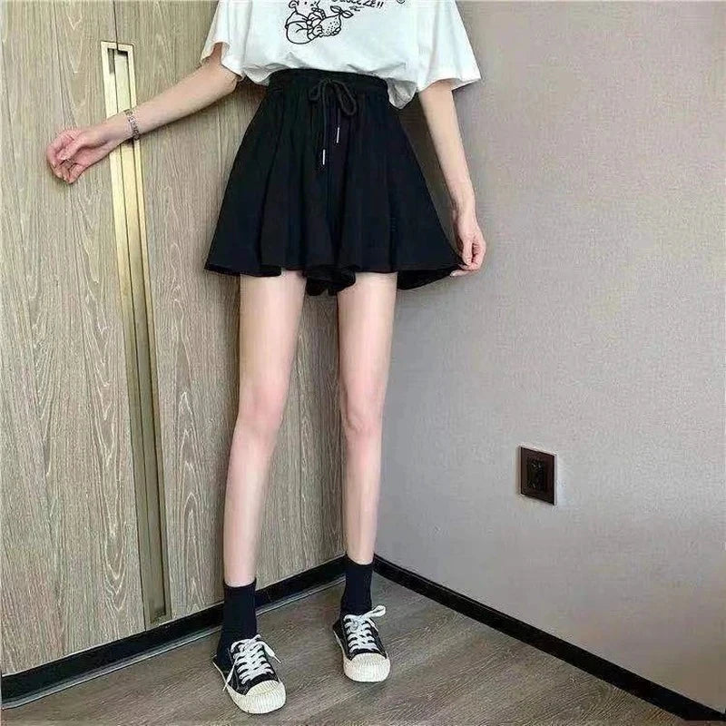 5xl Summer Shorts Skirts Elastic High Waist Wide Leg Shorts Korean a Line Loose Mini Skirt Black Short Pants