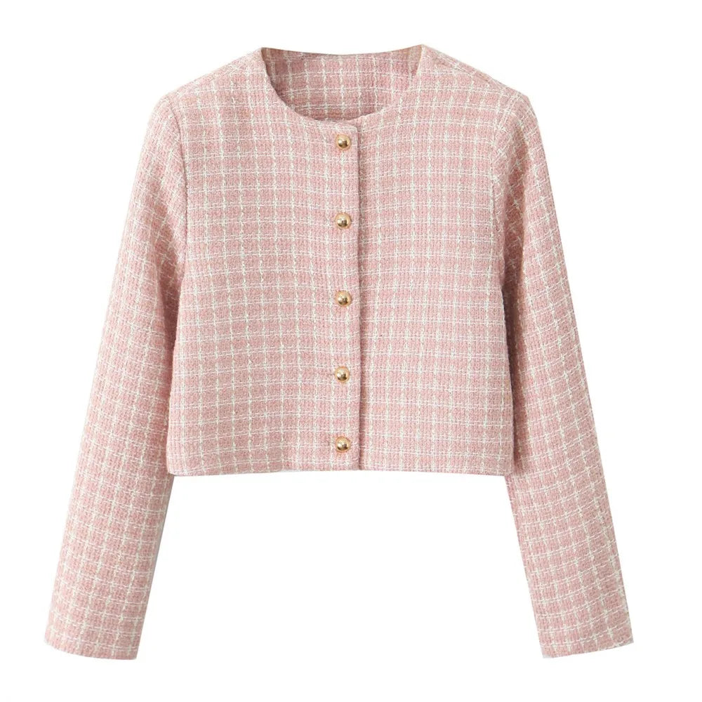 2 Pieces 1 Set French Style Retro Pink Plaid Woven Tweed Blazer + High Waist Mini Shorts Pants Suits
