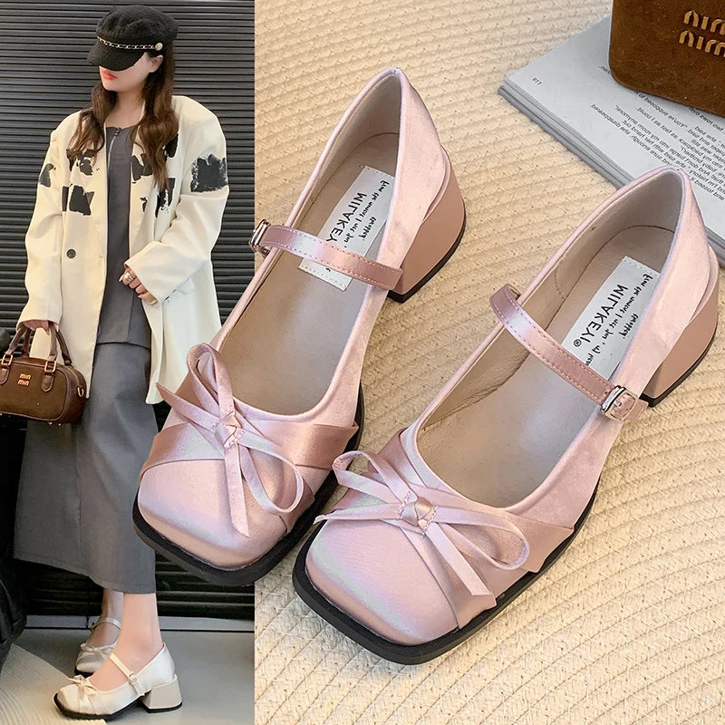 Pink Bow High Heels Spring and Summer New Squareheaded Silk Ribbon Buckle Single Shoes Shallow Thickheeled Shoes