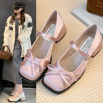 Pink Bow High Heels Spring and Summer New Squareheaded Silk Ribbon Buckle Single Shoes Shallow Thickheeled Shoes