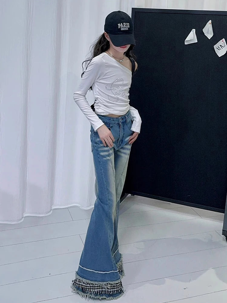 Stitch Raw Edge Ruffle Hem Flare Jeans Retro Tartan Plaid Whiskers Boot Cut Pants Grayu Y2k Korean