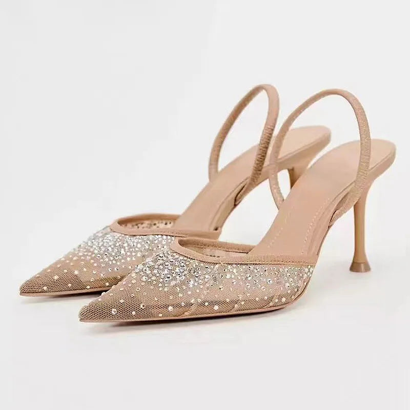 Square Rhinestone Mid Heels Pumps for Woman White Tassel Texture Black Sole Slingbacks Shoes Point Head Spike Heel Sandals