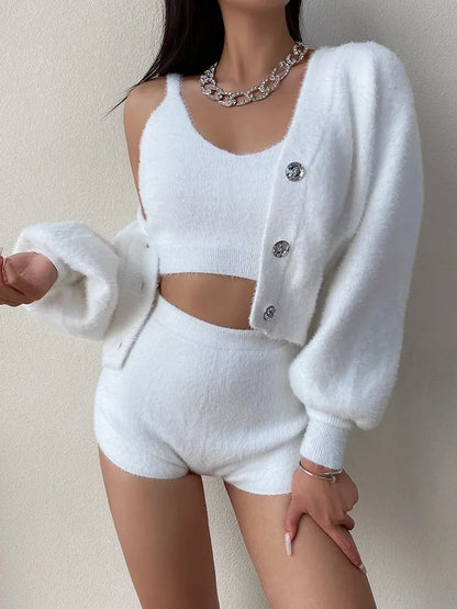 ’s 3-piece Set Korea Style White Cardigan Furry Single-breasted Button Tank Top Knitted Sweater Jumper Shorts Pants Set