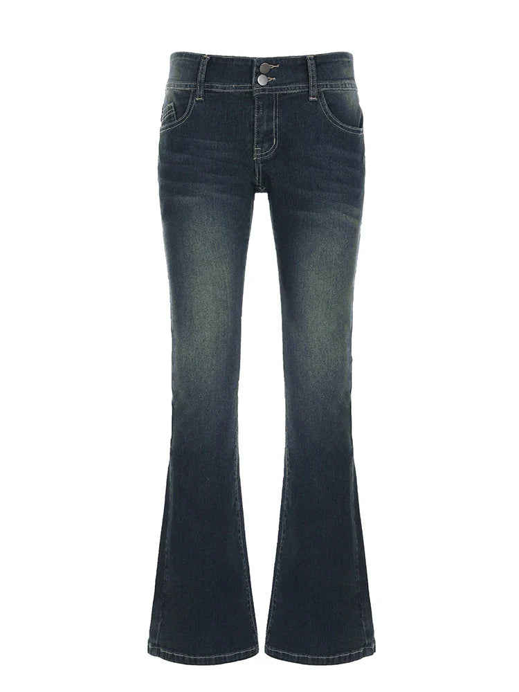 Y2k Flared Jeans Retro Button-up Low Rise Denim Pants Harajuku 2000s Trousers Basic Aesthetic Mom Jeans