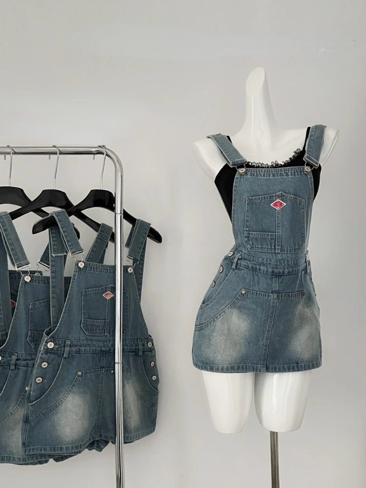 Japanese Kawaii Jean Strap Mini Dress 2000s Y2k Clothing Sleeveless Denim Dress Korean Even Party Outwear