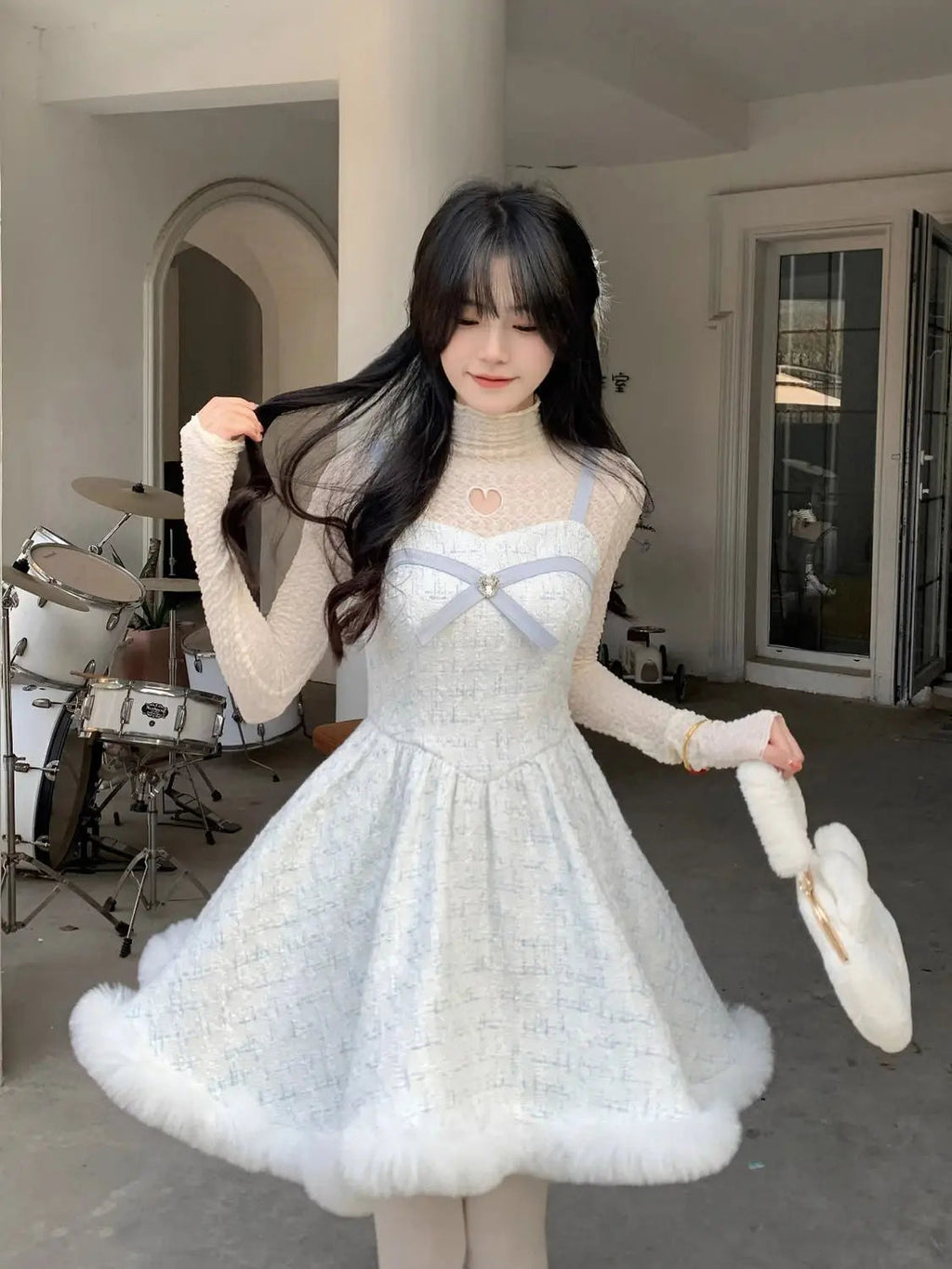 Autumn/winter New Set Sweet Girl Bow Plush Hooded Coat Slimming Aline Strap Camisole Dress Two Piece Sets Outfits