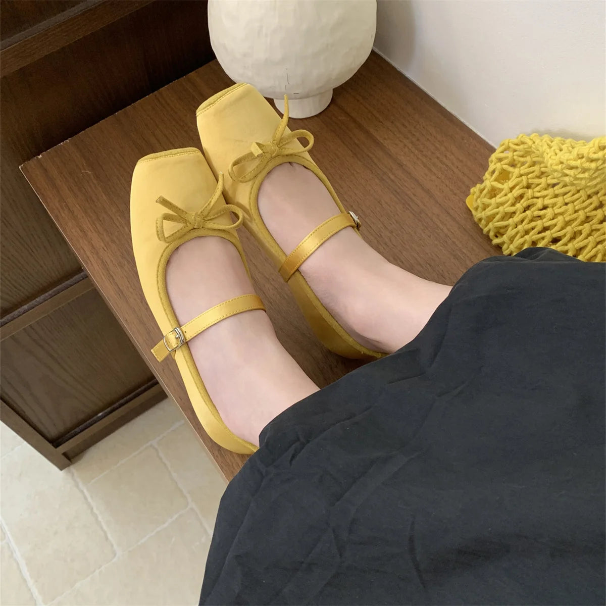 Woman Shallow Mouth Grandma Shoes Female Footwear Soft Bowknot Square Toe Ballet Dress Butterfly New