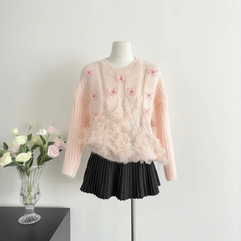 Sweet Hot Girl Butterfly Flower Sweater Autumn/winter Oneck Loose Longsleeved Knitted Sweater Female Clothes