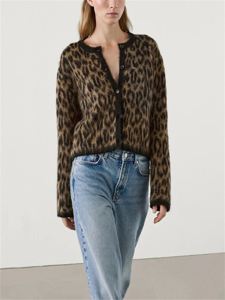 Female Leopard Cardigan Sweater Printed Contrast Loose Long Sleeve Commute Cropped Coat ’s Autumn Cardigan
