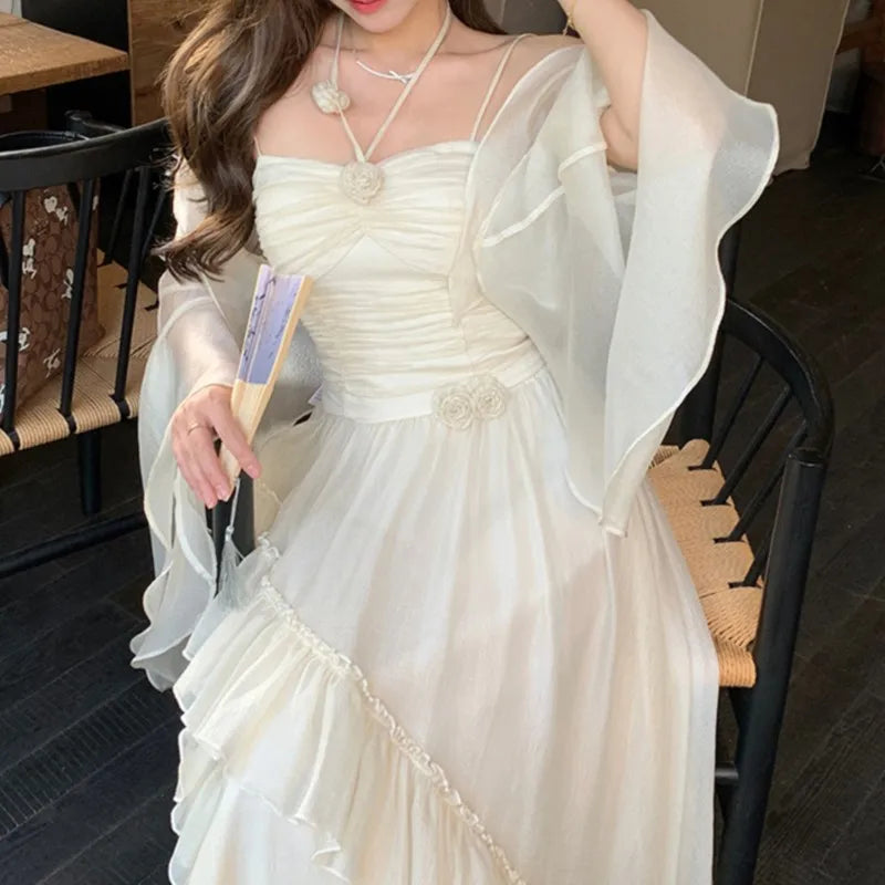 Summer French Midi Dresses Folds Ruffle Party Prom Robe Fairycore Neck Mounted New Dress