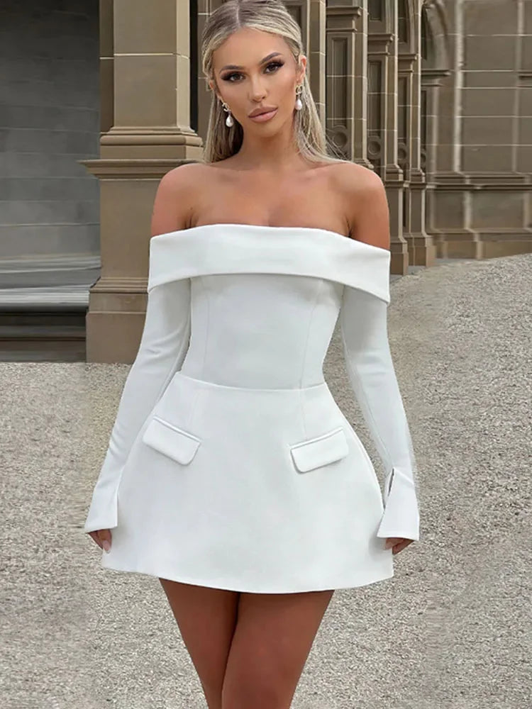 One-shoulder A-line Dress for Autumn New Slim Mini Dress Flare Long Sleeve Splice Female Party Dresses