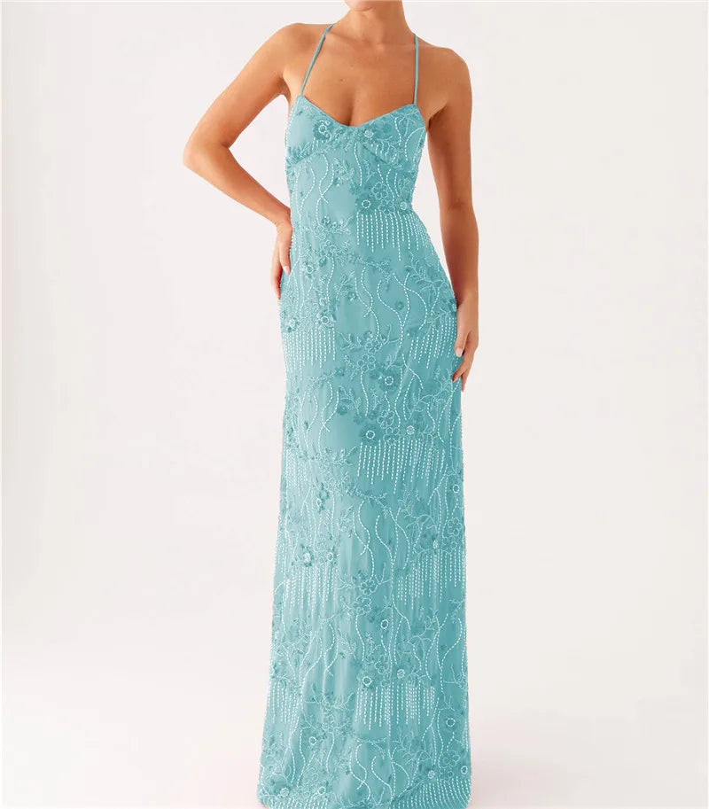 Sequin Beaded V Neck Backless Mini Dress