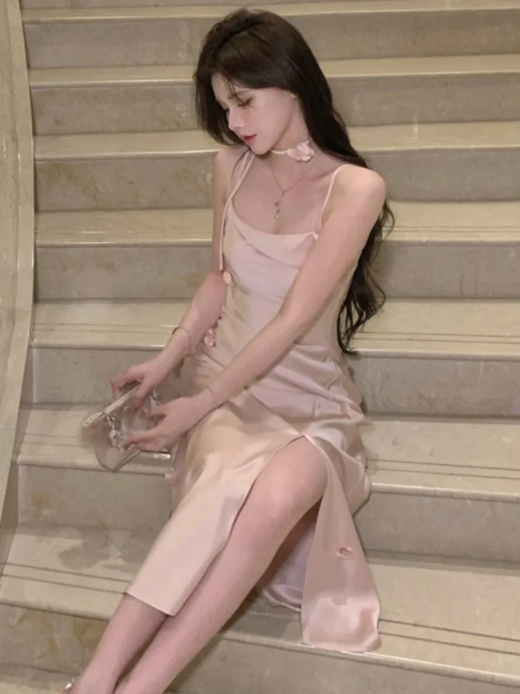 Satin Spaghetti Strap Party Dress Slim Birthday Evening Prom Midi Dress Female High Waist Split Vestidos New