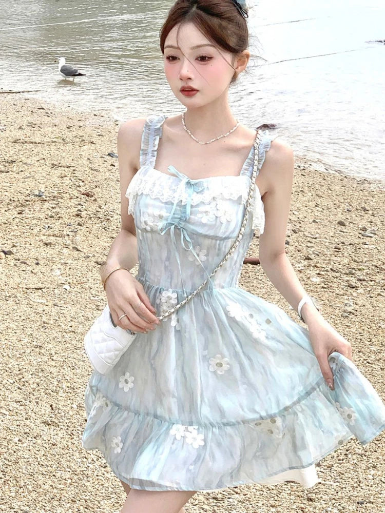 Beach Even Party Mini Dress Summer Sleeveless Kawaii Strap Dress Y2k Fairy Dress Japanese