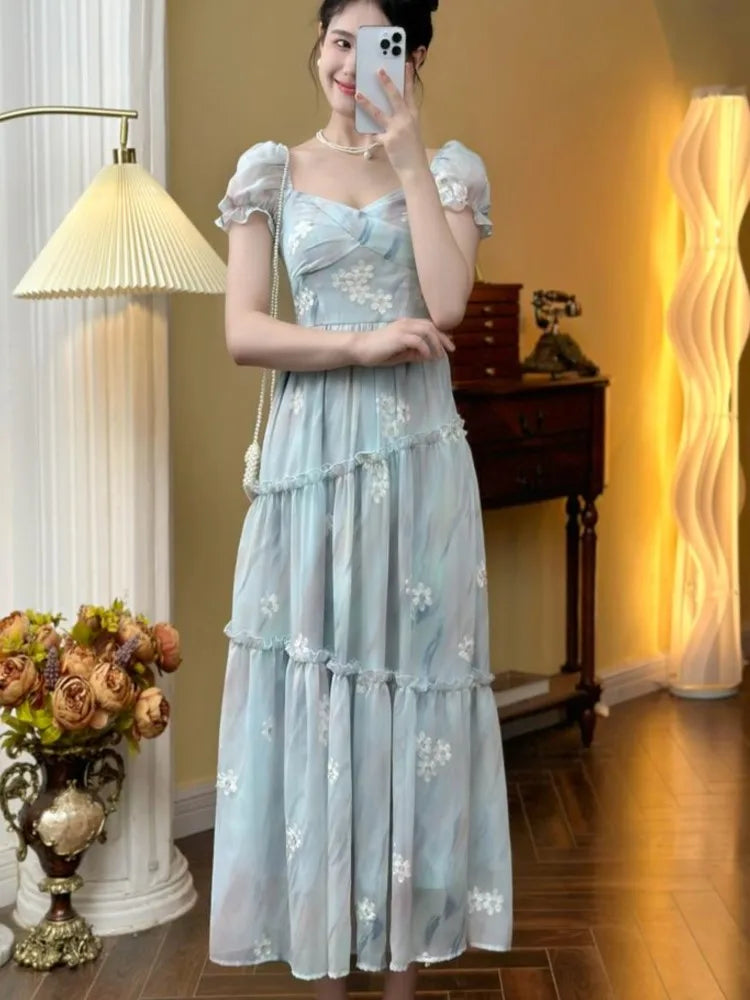 French Ruffles Midi Dresses for Lace Square Collar Puff Sleeve Princess Birthday Party Dress New