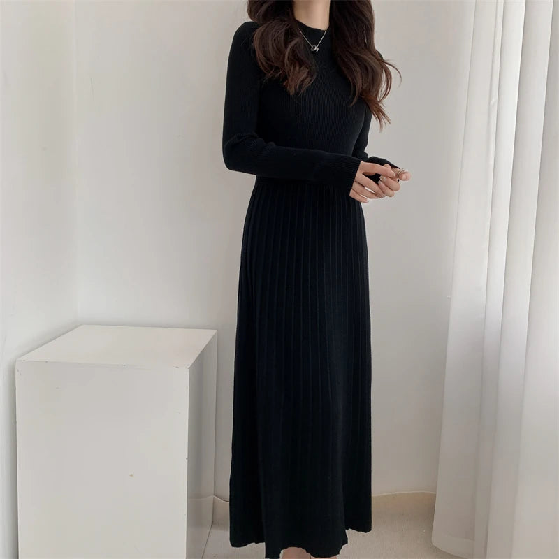 Autumn/winter British Style Celebrity Knitted Dress Half High Neck Slim Fit Inner Matching Coat Pleated Long Dress
