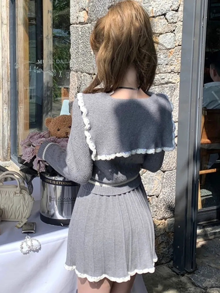 Y2k Sweet Knit Pleated Mini Skirts Suits Korean Preppy Style Two Pieces Set Female Slim Sweater New Outfits