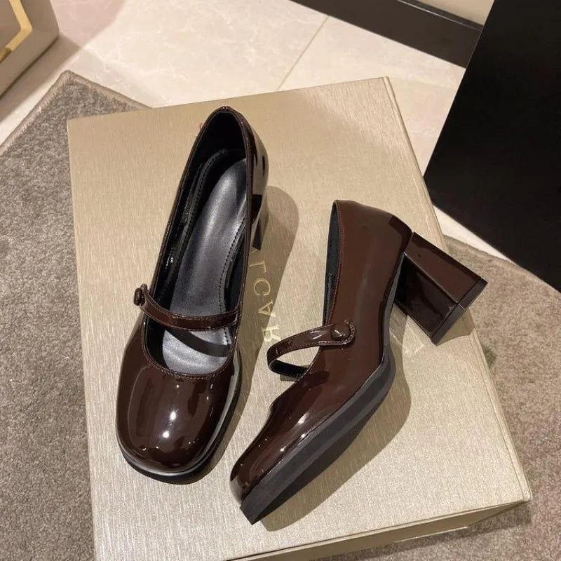 French Retro Leather Chunky Mary Jane Shoes Soft Soled Slipon High Heels Designer Jk Woman Shoes