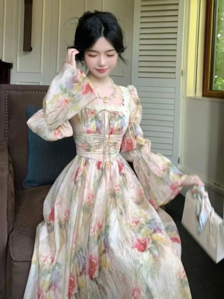 Autumn Painting Printed Long Dress French New Square Collar Lantern Sleeve Midi Dress Laceup Lady Vestidos Largos