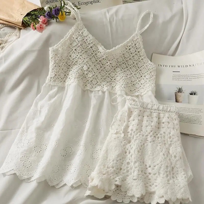 Summer Style Hollow Lace Hook Flower Vneck Camisole Tank Top Shorts Slimming Two Piece Sets Outfits