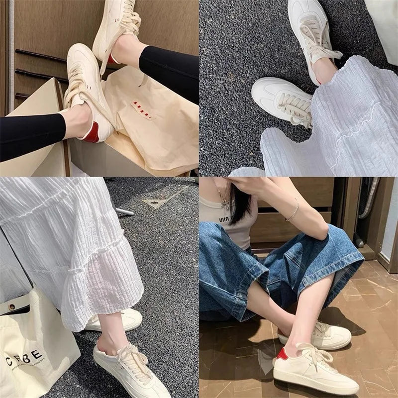 Spring New Versatile Breathable Shoes Classic Color Round Toe Soft Leather White Flat Sneakers