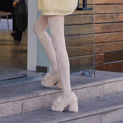 White Teddy Curly Fur Shoes High Heels Winter With Velvet Outer Wear Thick Heels Mary Jane Single Shoes