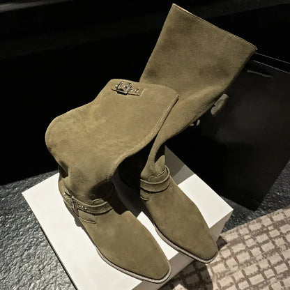 3442 Natural Suede Leather Flats Autumn Western Boots Double Metal Buckle Long Boots Shoes