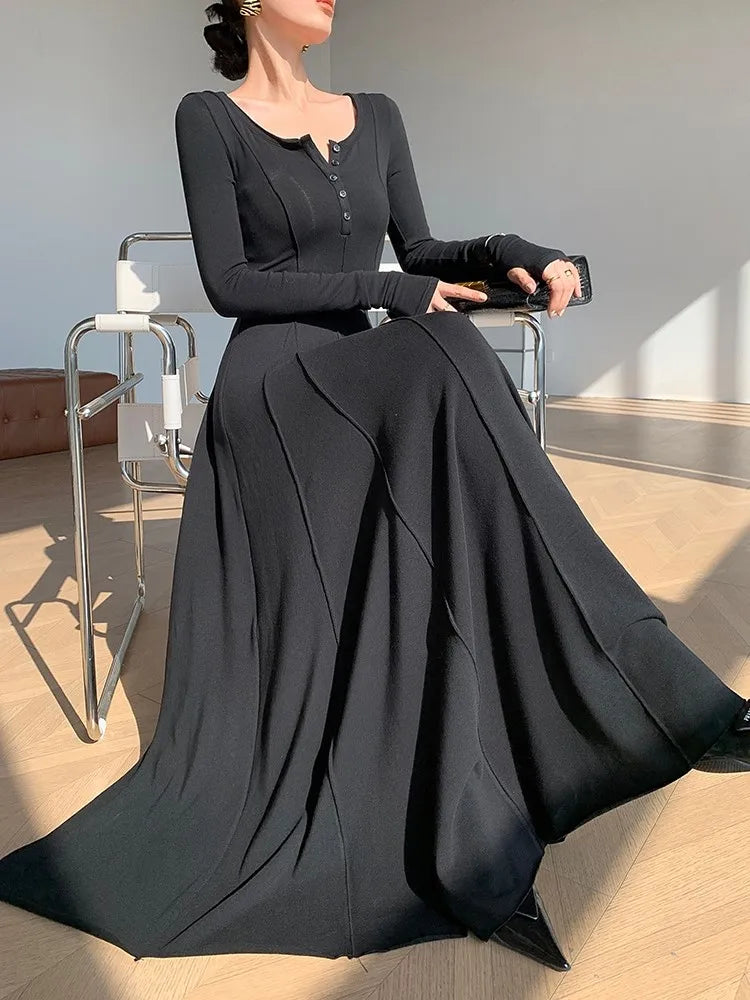 Knitted Dresses for Long Sleeves Square Collar A-line Autumn Maxi Dress Korean Vestidos Mujer New