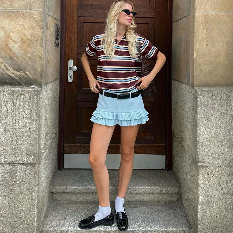 Stripe T-shirt Short Sleeve Female All Match Polo Shirts Summer New Loose Tops High Street