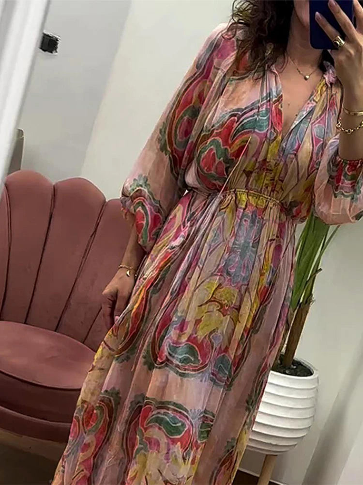 Retro Print Pleated Lantern Long Dress Sleeve V-neck Single Breasted Dress A-line High Waist Summer Robe