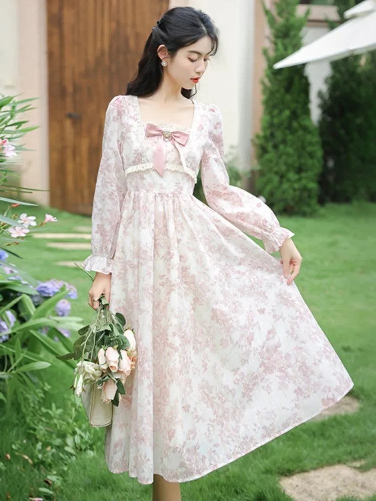 Sweet Pink Princess Dress Bow Petal Sleeve Print Flattering Waist Romantic Lady Midi Dresses Robe Rose Vestidos