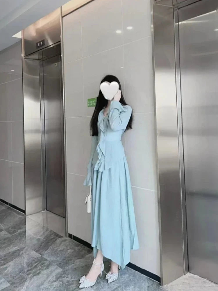 Autumn French Party Chiffon Skirt 2 Piece Set Blouse + Office Lady Fairy Midi Skirt Korean