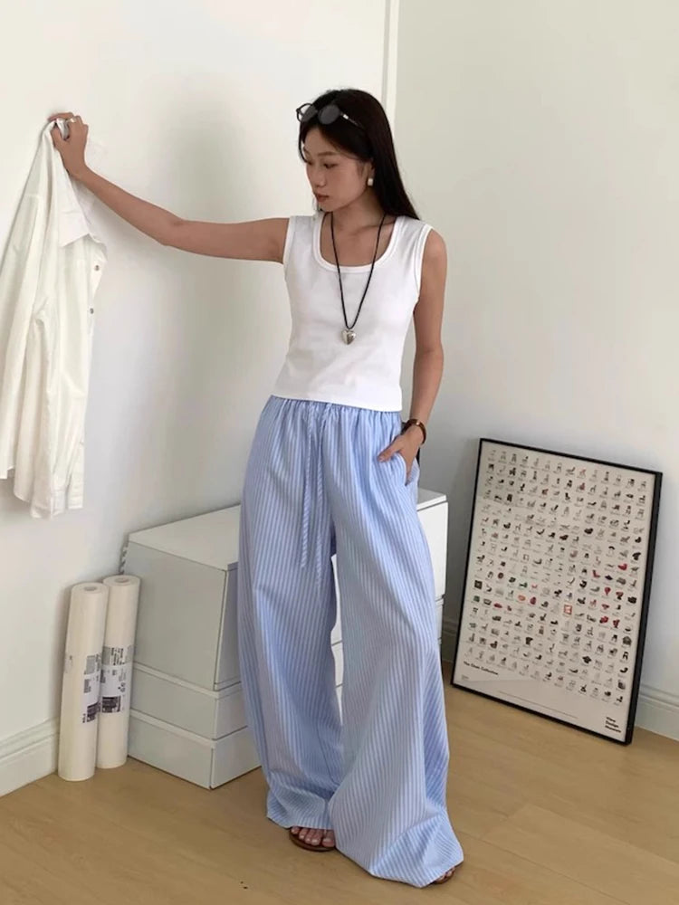 Korean Summer Age Reducing Temperament Elastic Waist Drawstring Loose Versatile Striped Pants Floor