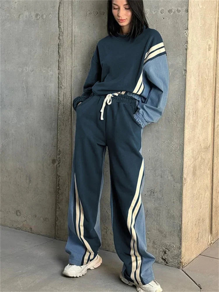 2 Piece-set Drawstring Trousers Contrast Lace-up Autumn Pullover and High Waist Pants Outfits Tracksuit