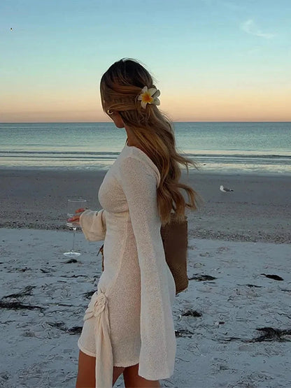 Backless Short Dress for Slim Long Sleeved Mini Dresses New Summer Vacation Beach Wear Vestidos