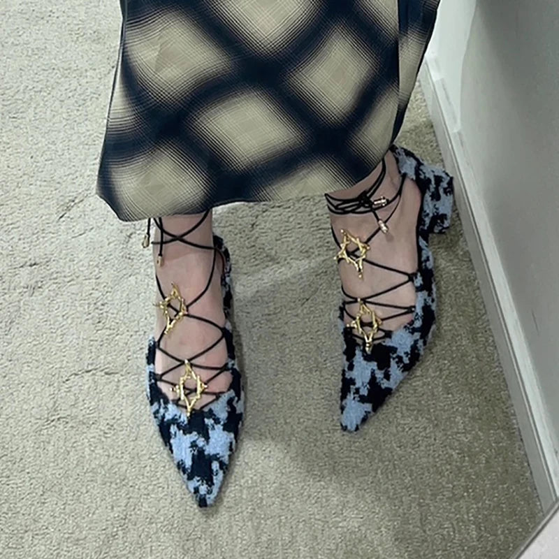 Cross Straps Sandals Pointed Toe Gold Star Detail Mixed Color Low Block Heels Ankle Lace Up Summer Rubber Shoes